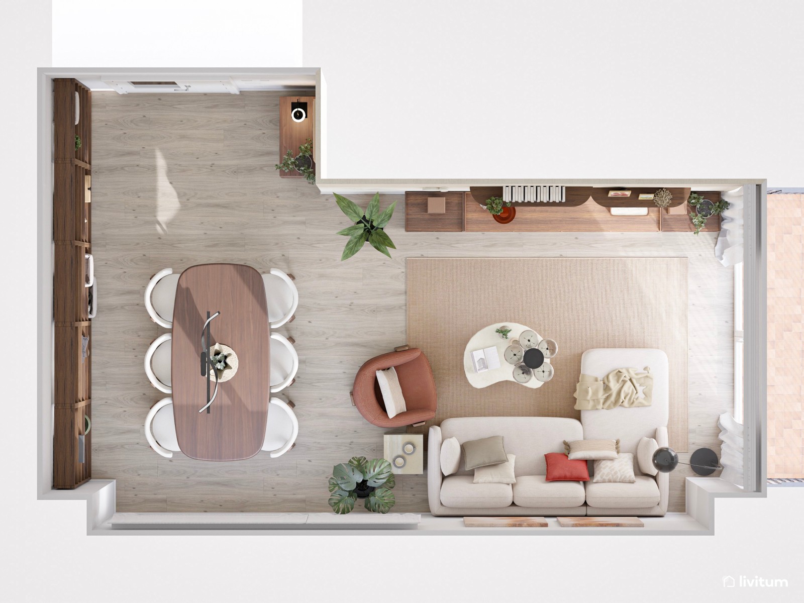 Salón comedor en forma de L con amplia estantería de madera oscura