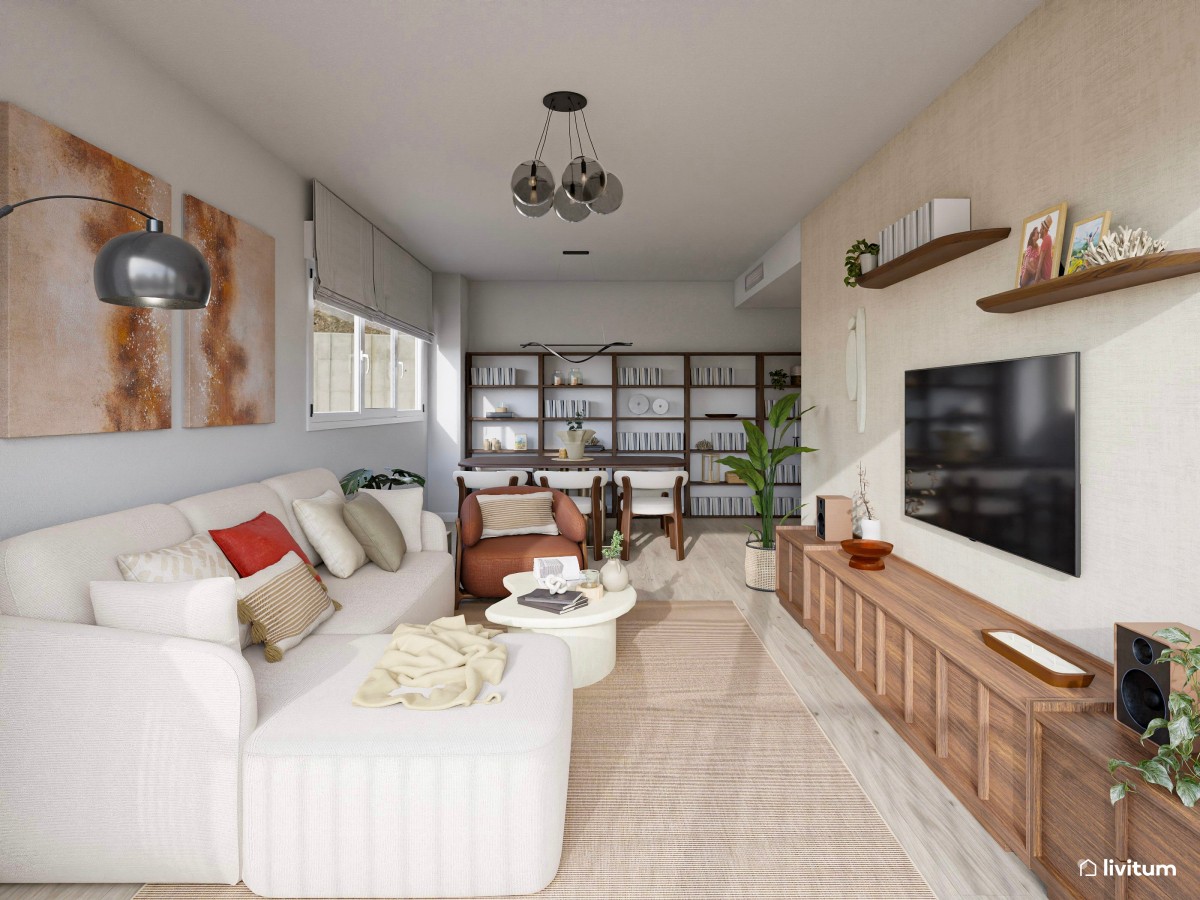 Salón comedor en forma de L con amplia estantería de madera oscura