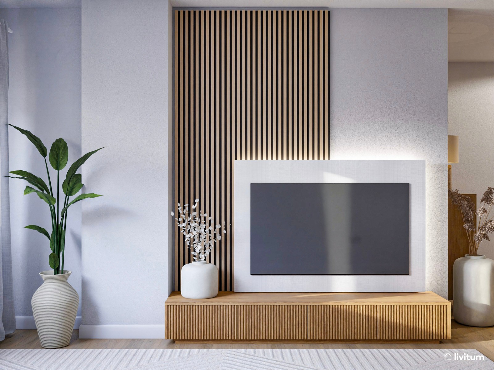 Salón comedor en forma de L en tonos grises y madera