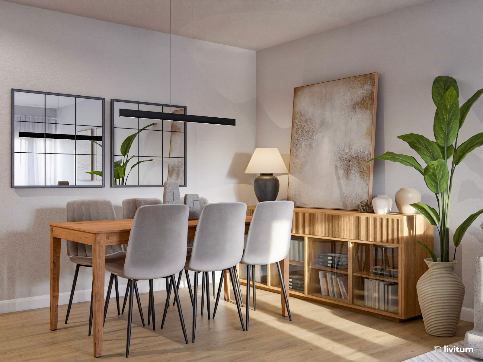 Salón comedor en forma de L en tonos grises y madera