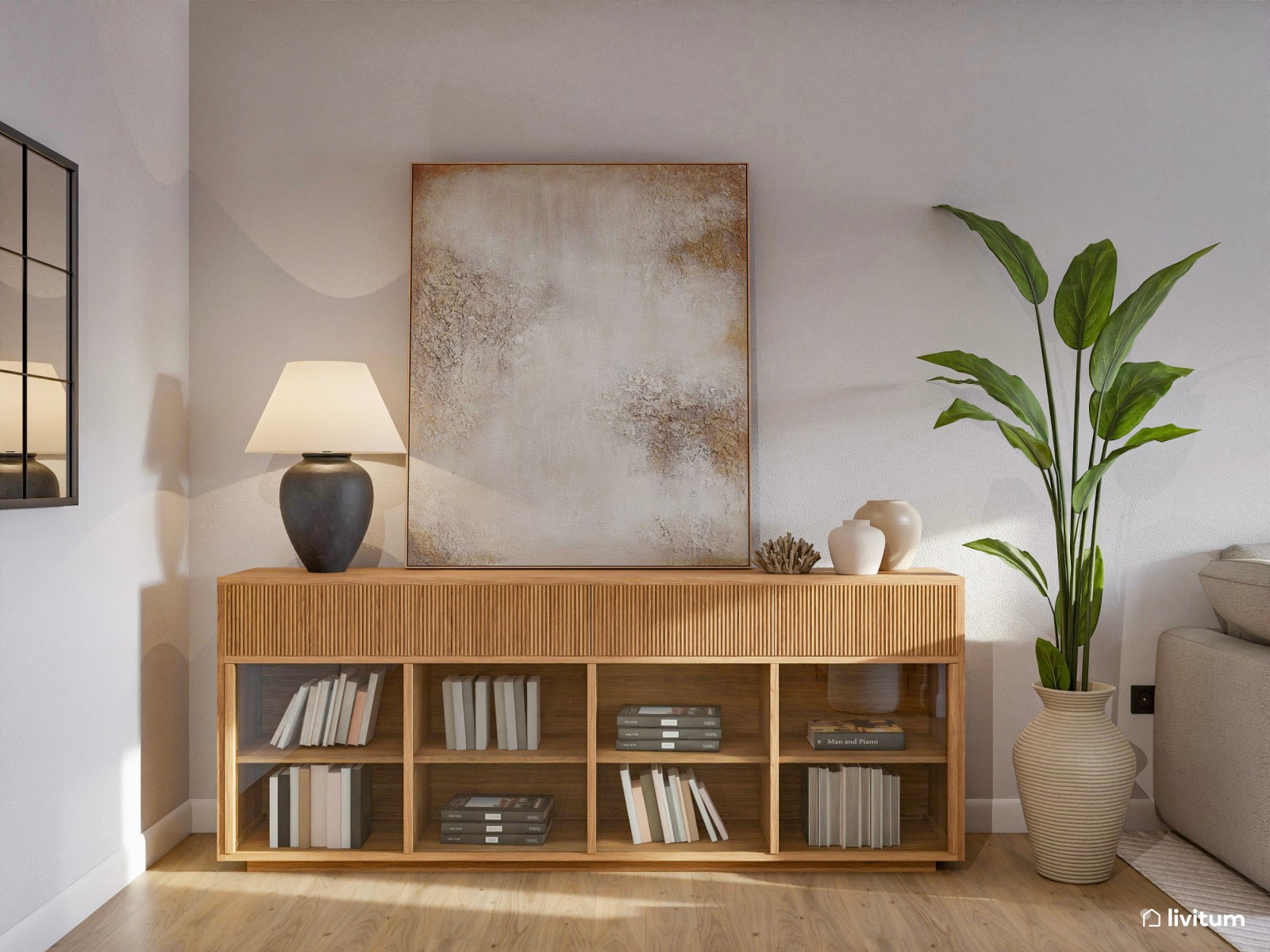 Salón comedor en forma de L en tonos grises y madera