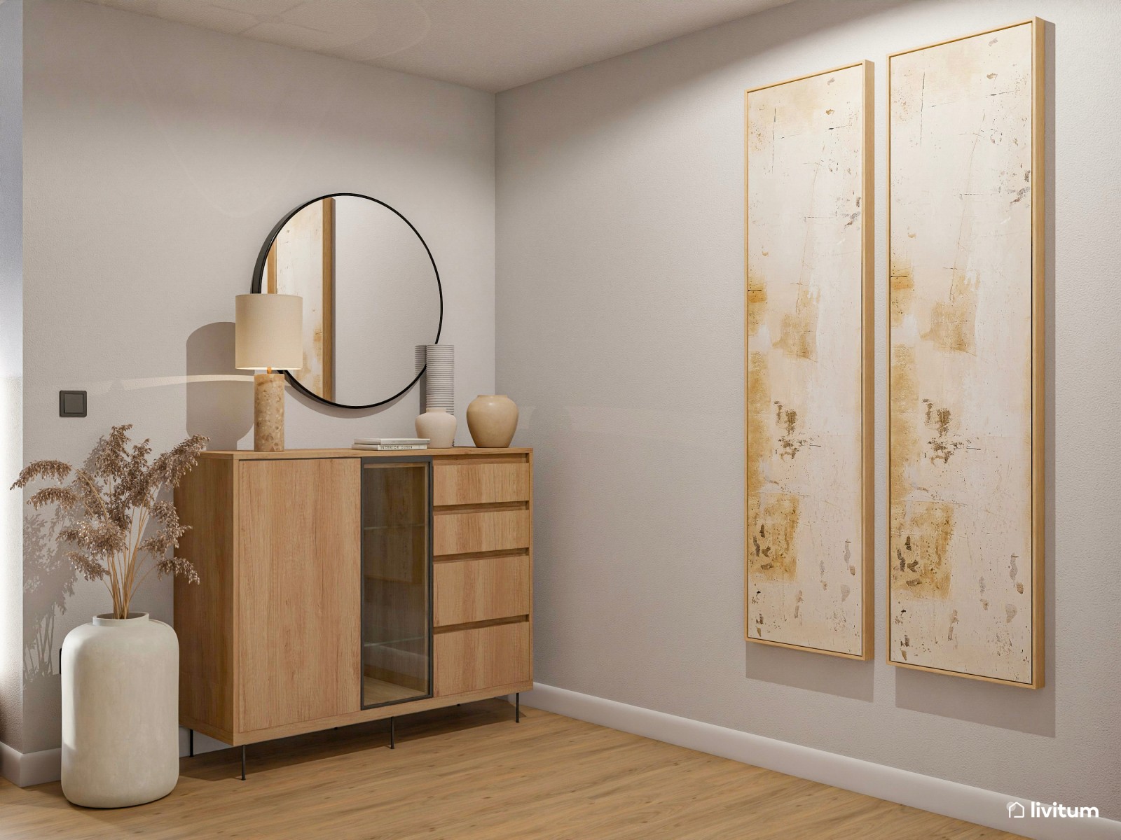 Salón comedor en forma de L en tonos grises y madera