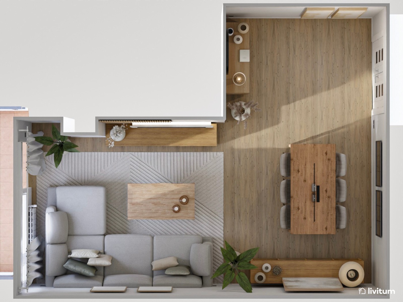 Salón comedor en forma de L en tonos grises y madera