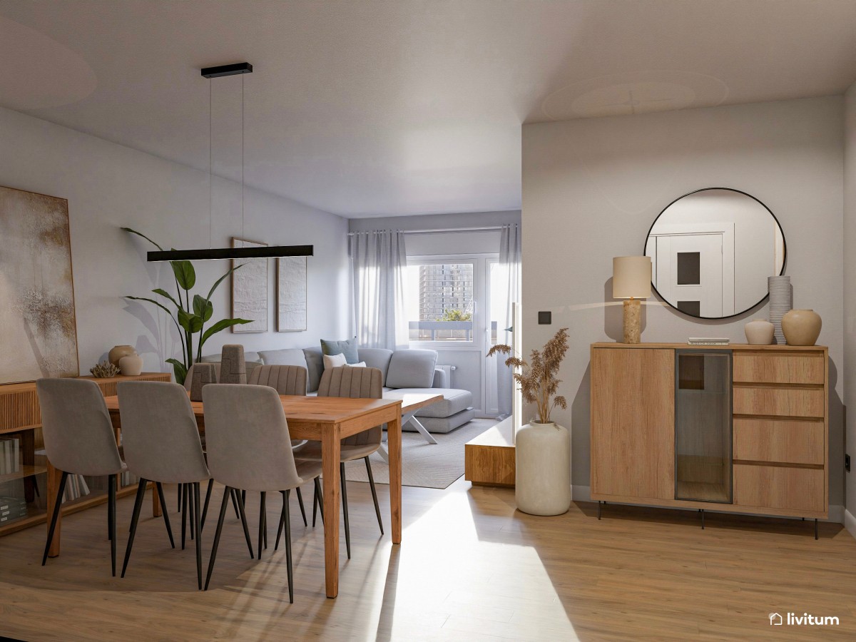 Salón comedor en forma de L en tonos grises y madera