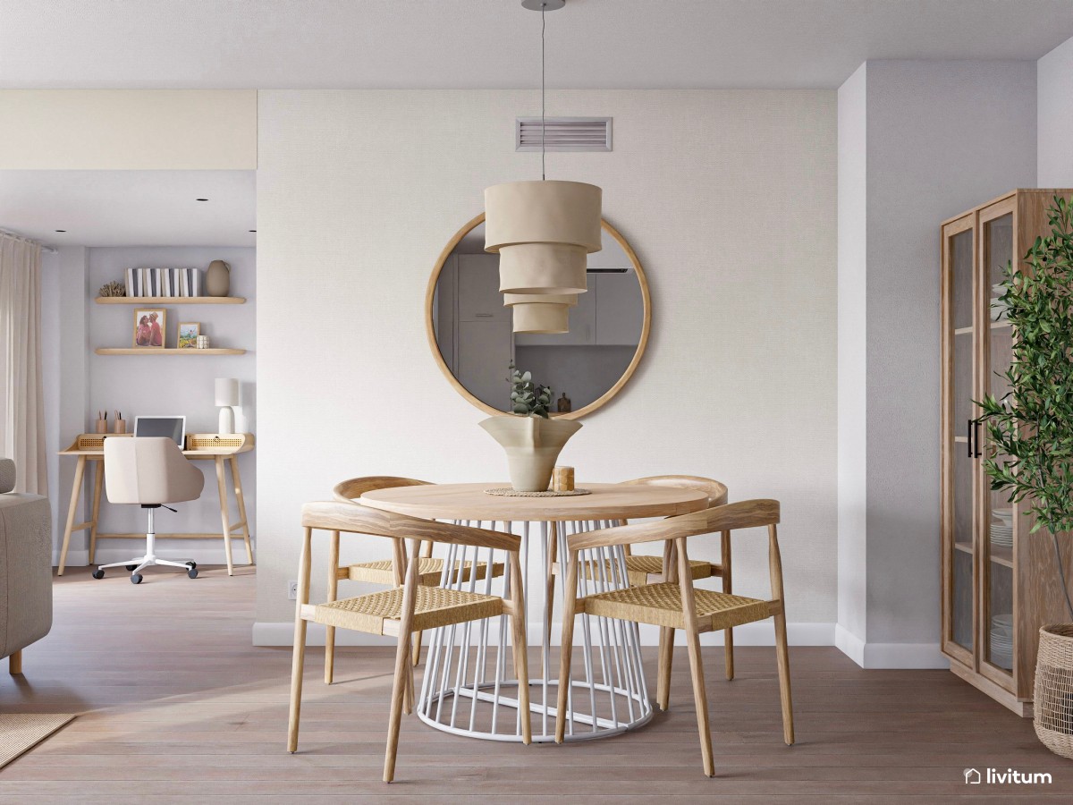 Salón comedor en gris y madera, con zona de escritorio y cocina abierta