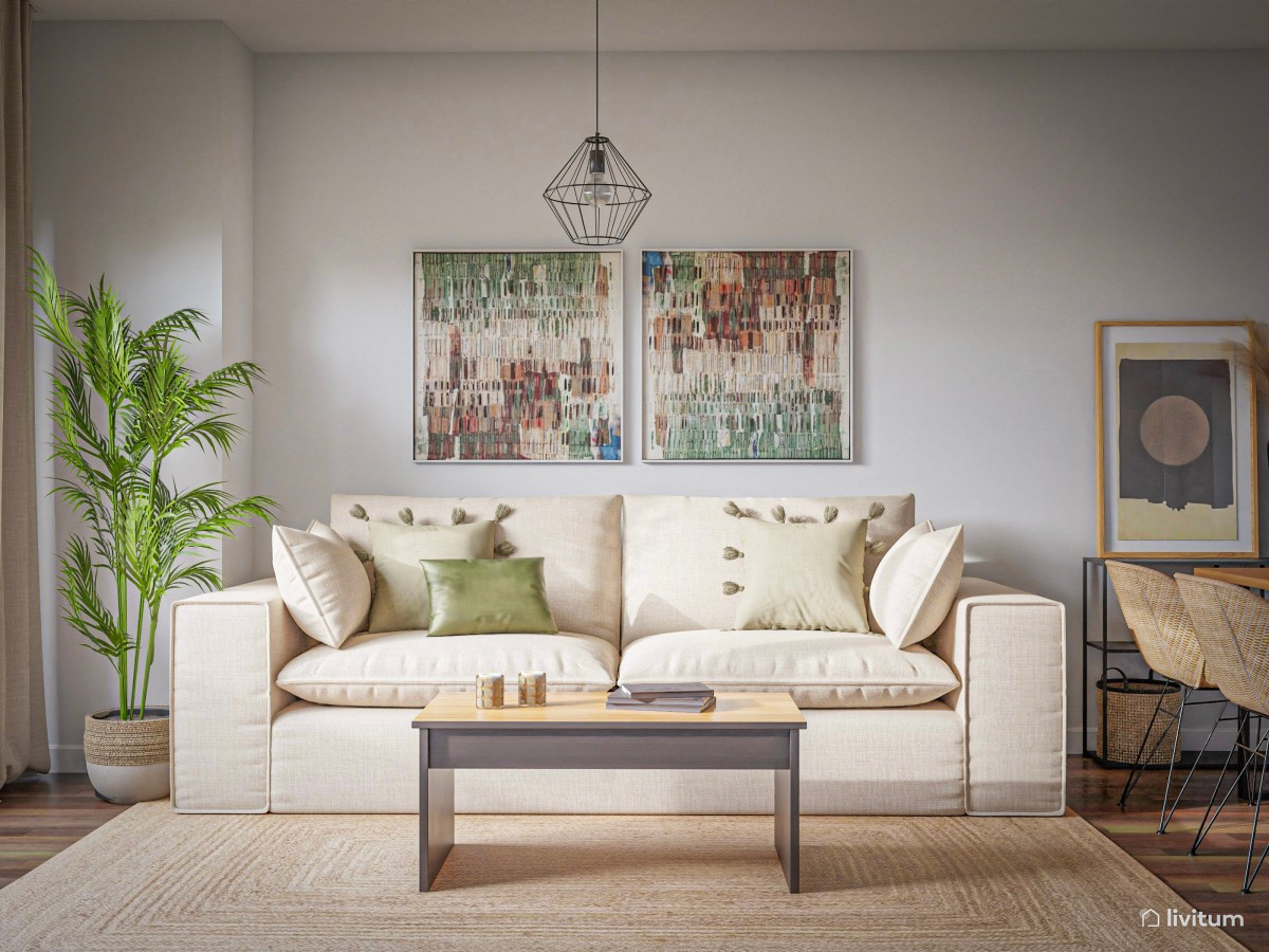 Salón comedor en madera, fibras naturales y verde