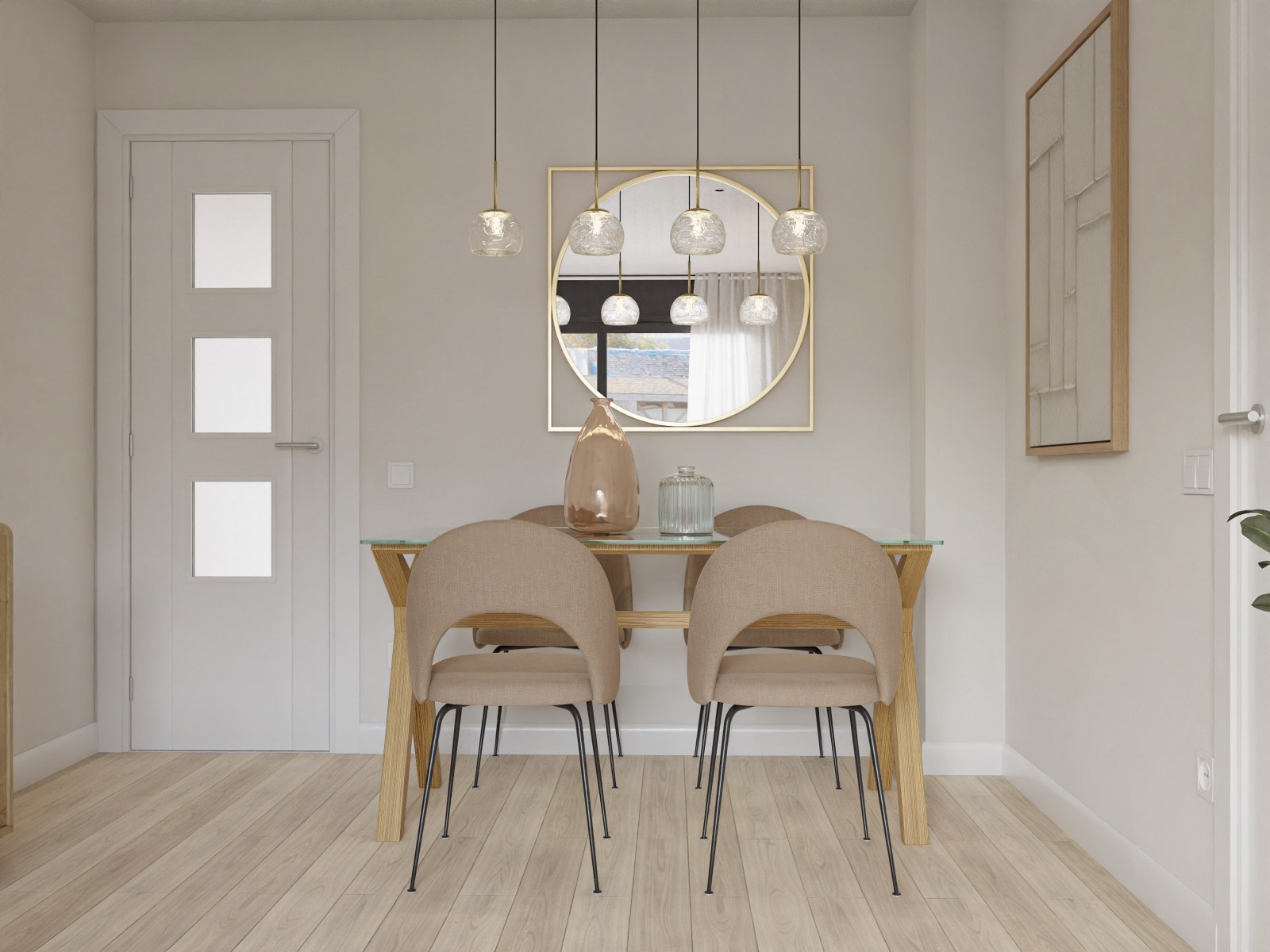 Salón comedor en suaves tonos tierra con detalles en verde