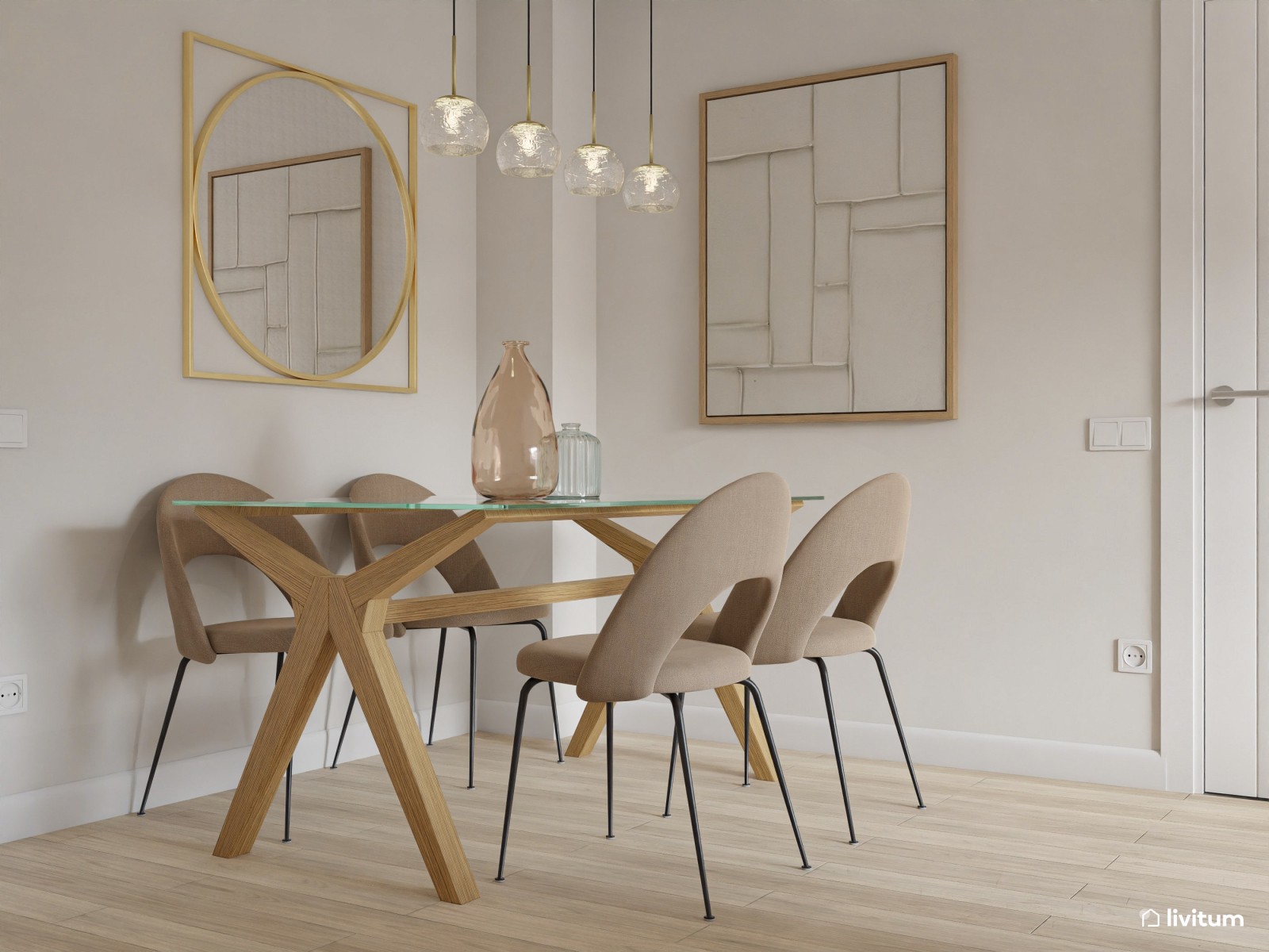 Salón comedor en suaves tonos tierra con detalles en verde