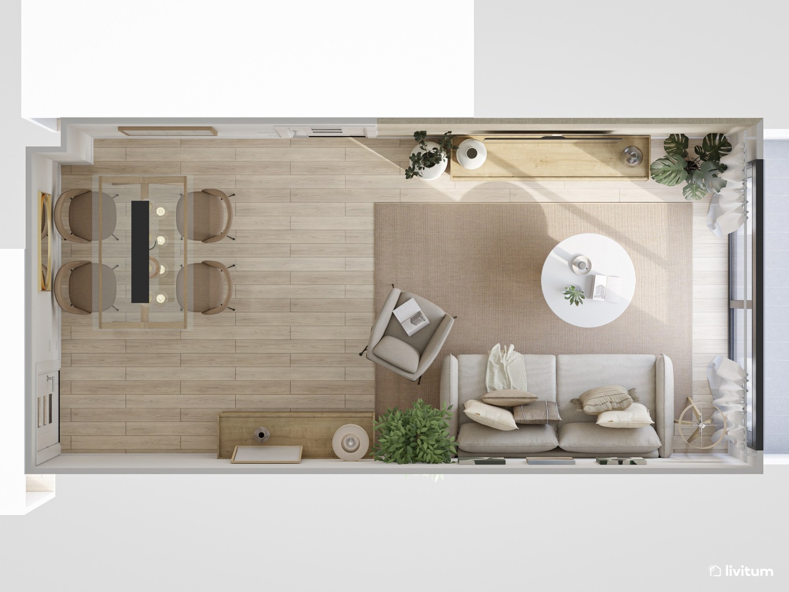Salón comedor en suaves tonos tierra con detalles en verde