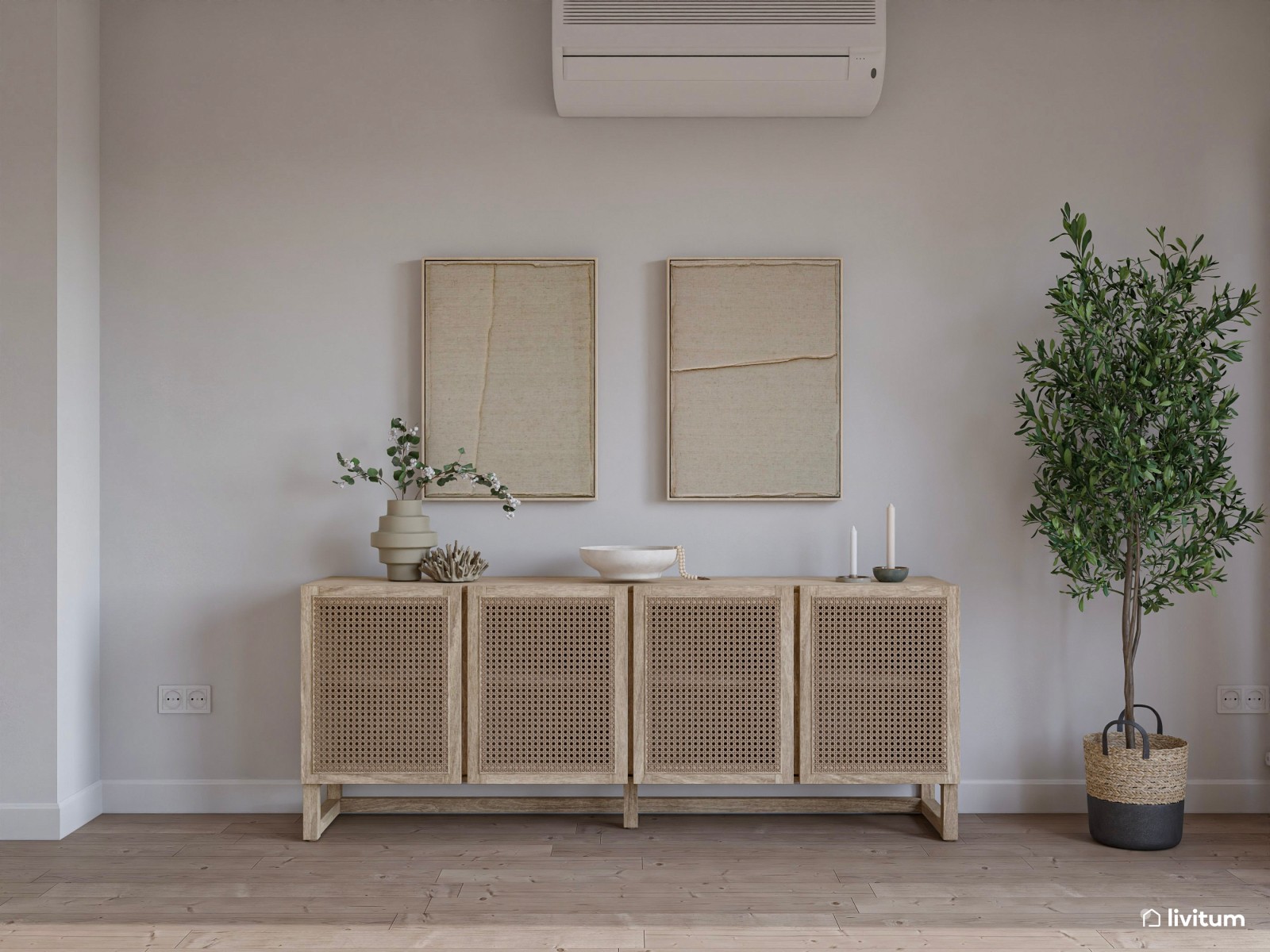 Salón comedor en tonos claros con detalles naturales 
