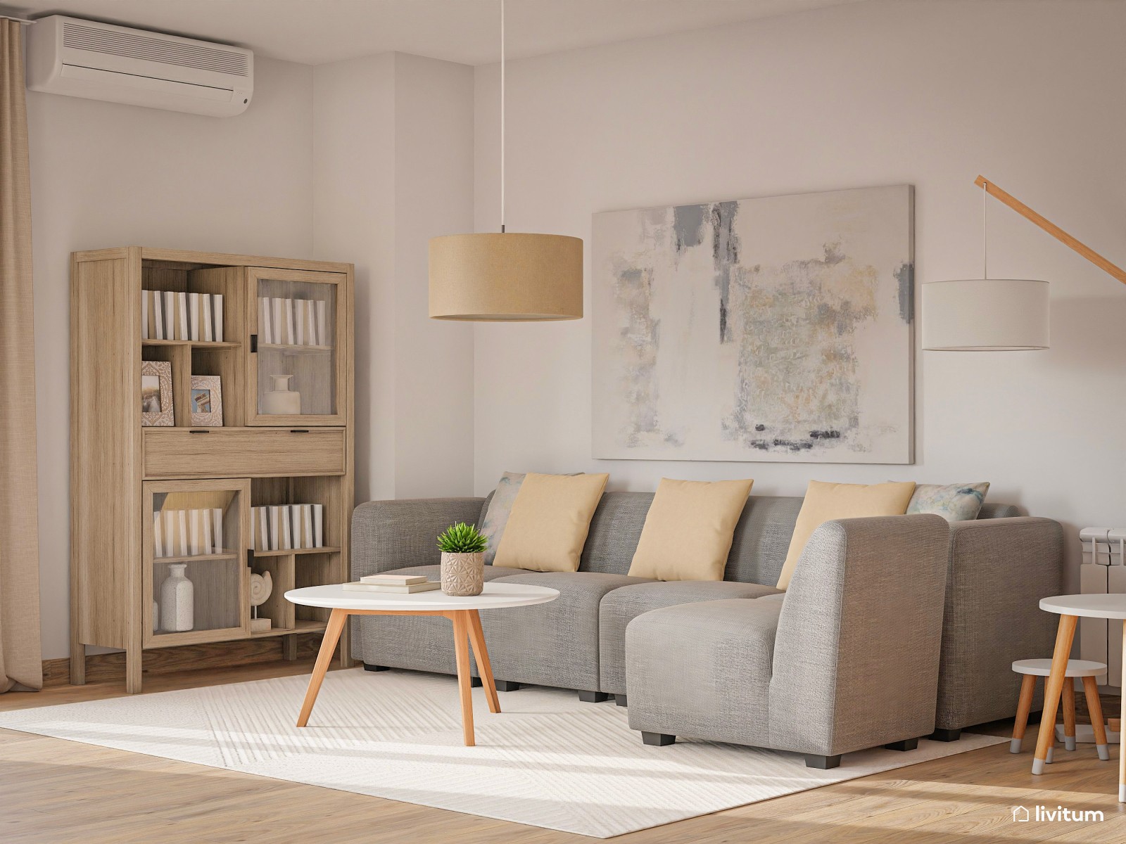 Salón comedor en tonos neutros con zona de juegos 