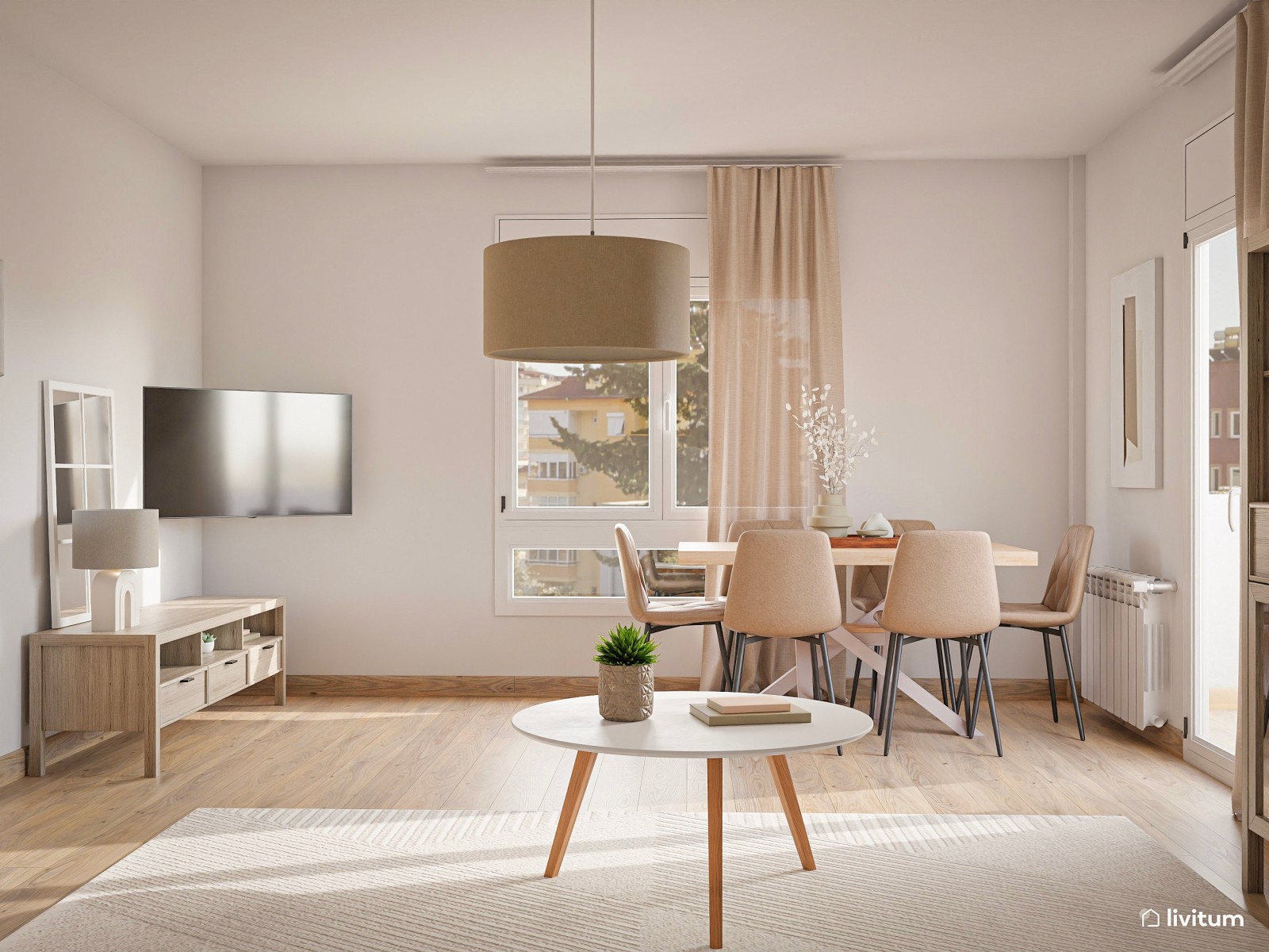 Salón comedor en tonos neutros con zona de juegos 