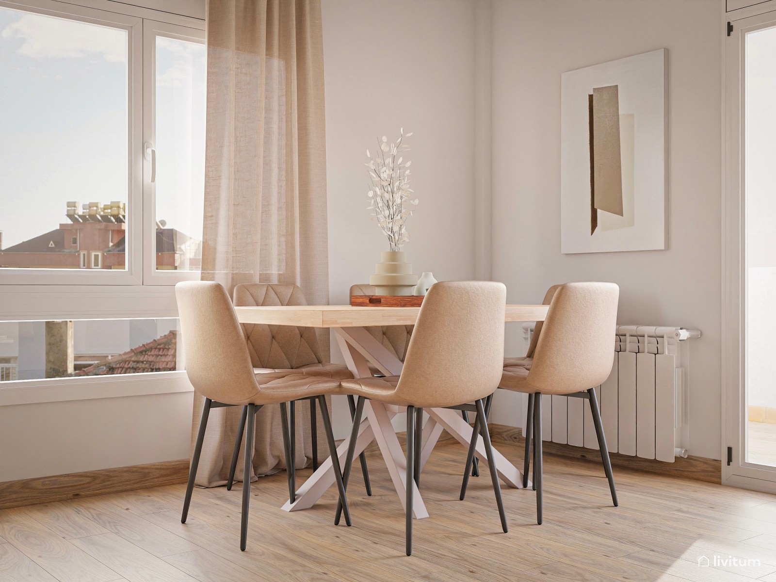 Salón comedor en tonos neutros con zona de juegos 