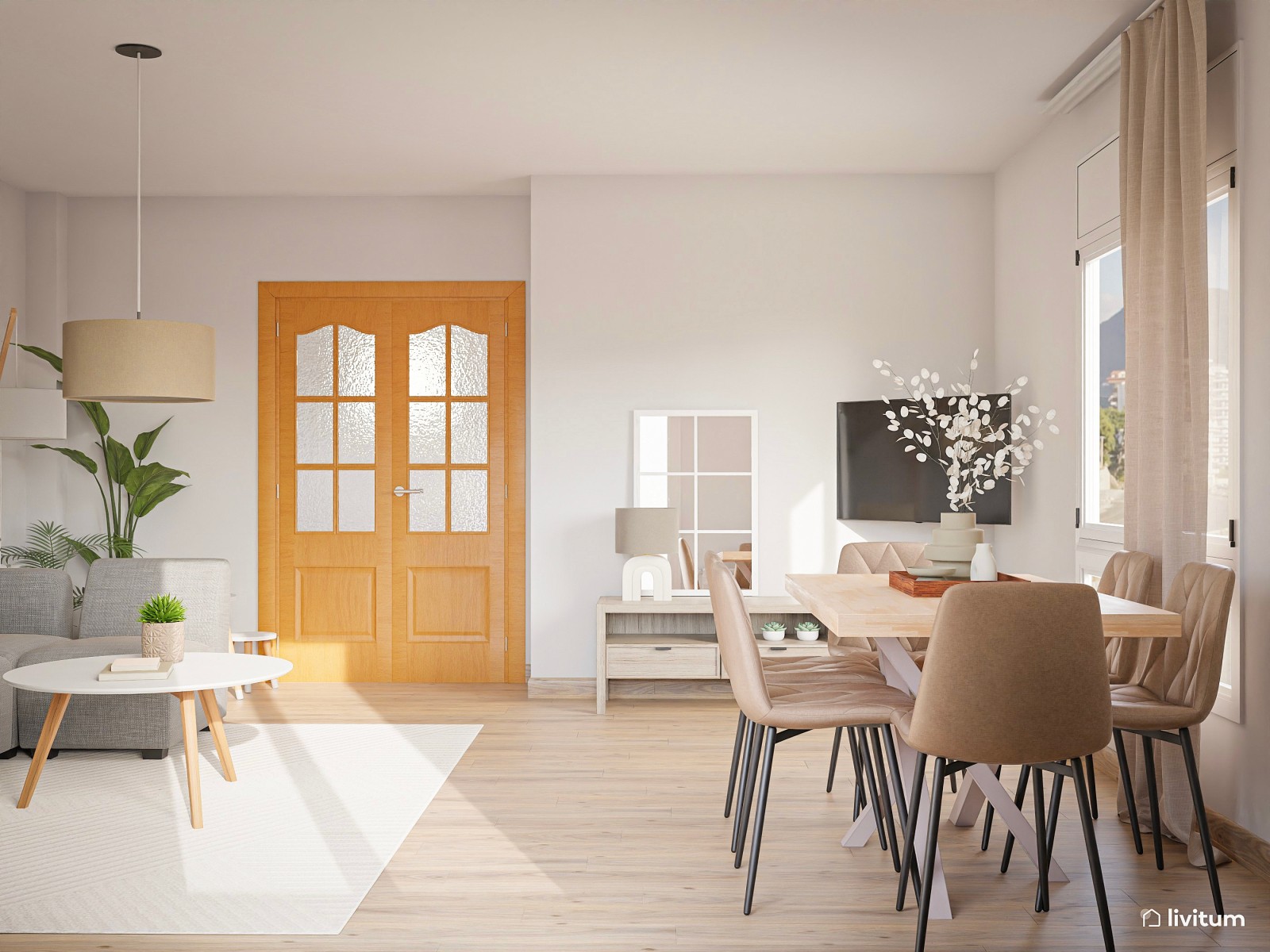 Salón comedor en tonos neutros con zona de juegos 