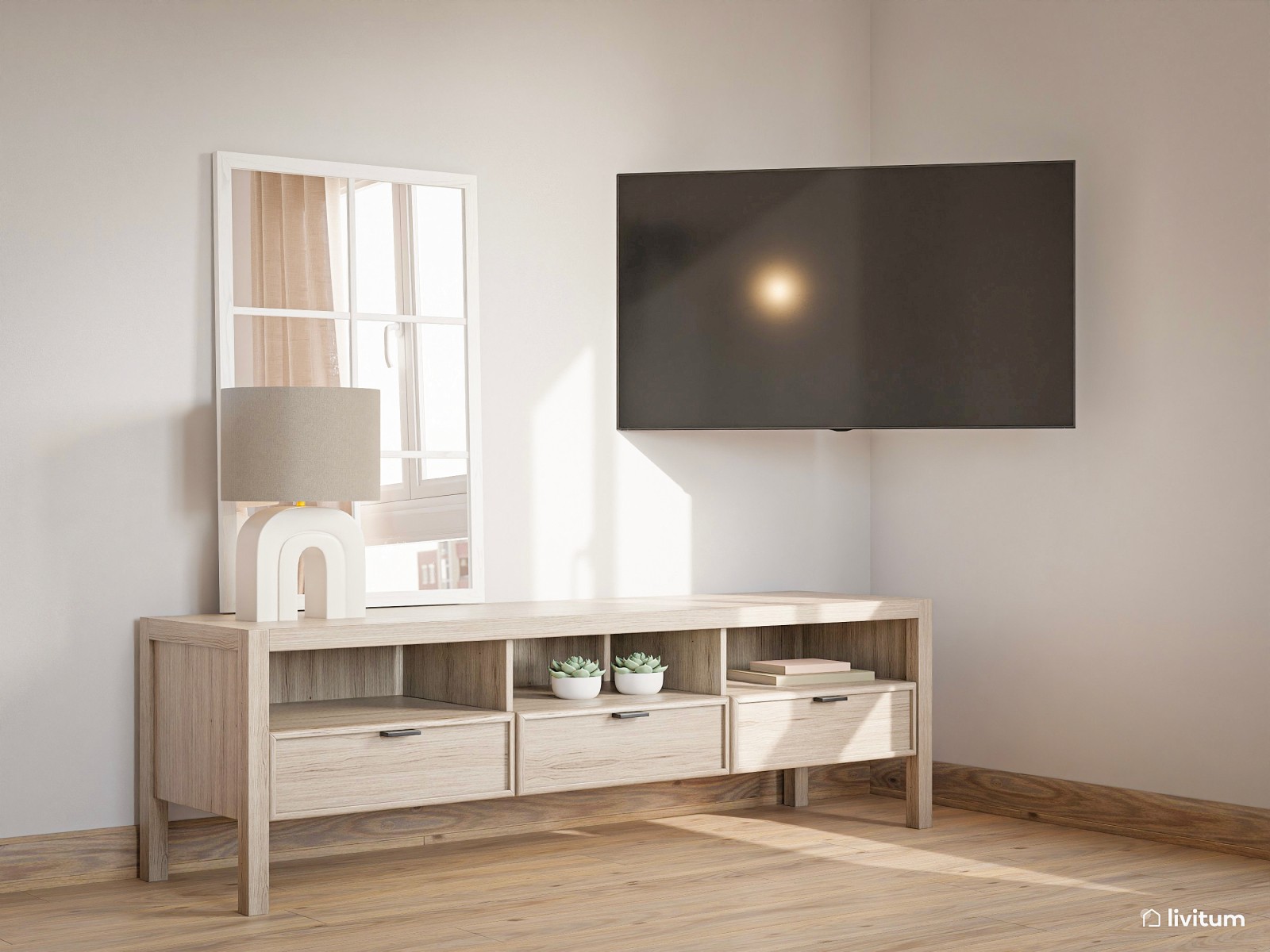 Salón comedor en tonos neutros con zona de juegos 