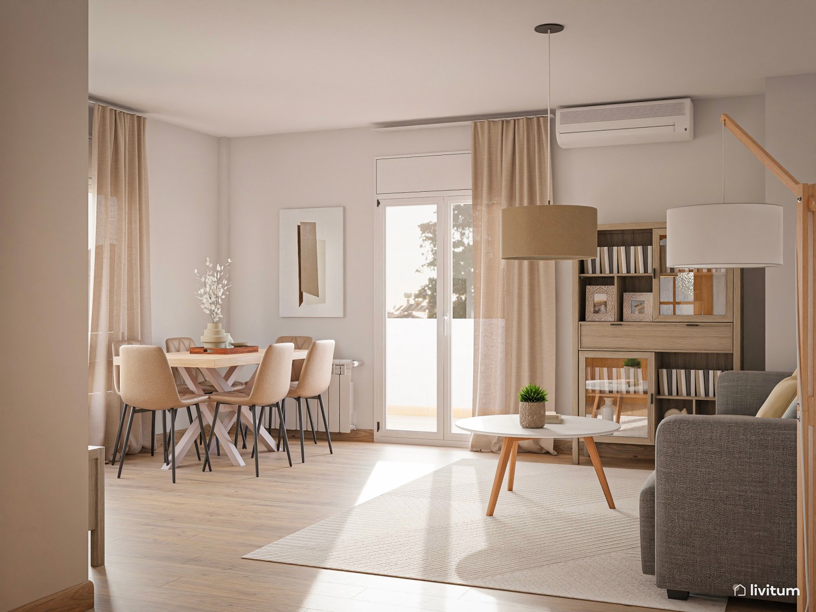 Salón comedor en tonos neutros con zona de juegos 