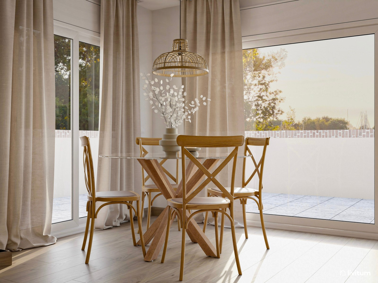 Salón comedor en verde + madera con detalles de fibras naturales