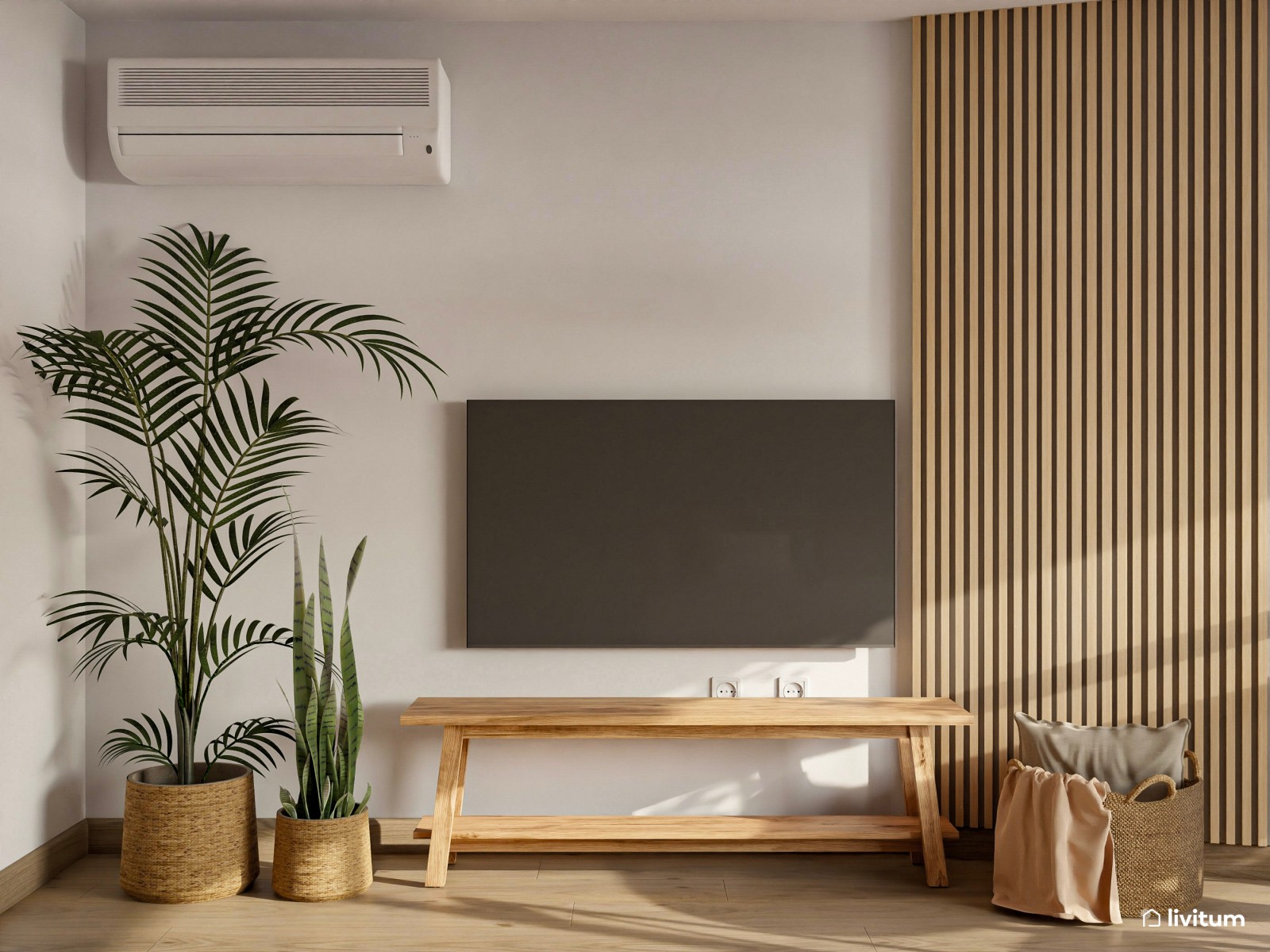 Salón comedor en verde + madera con detalles de fibras naturales