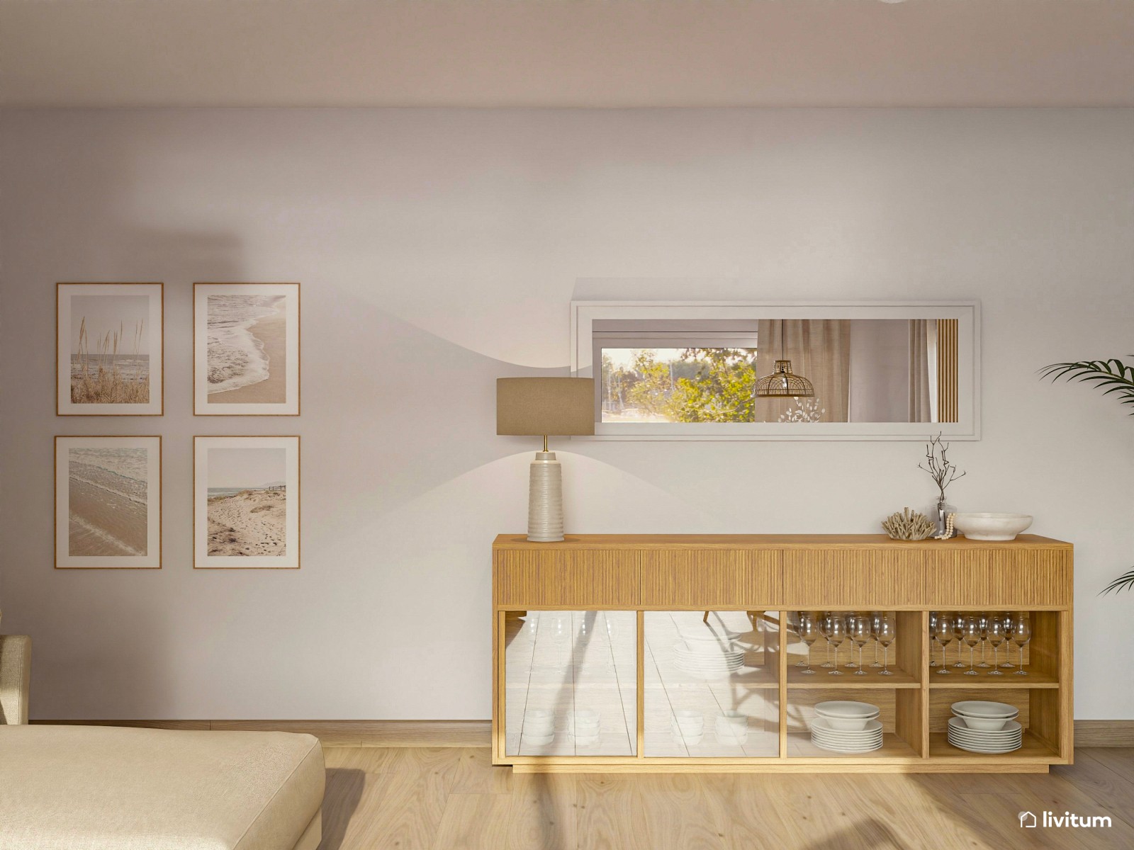 Salón comedor en verde + madera con detalles de fibras naturales