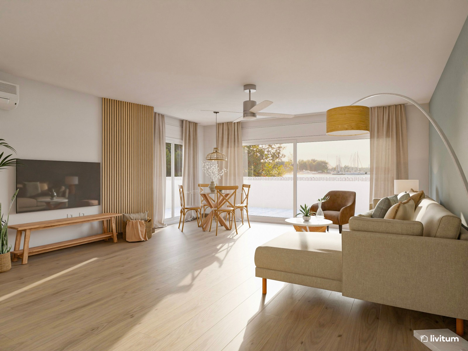 Salón comedor en verde + madera con detalles de fibras naturales