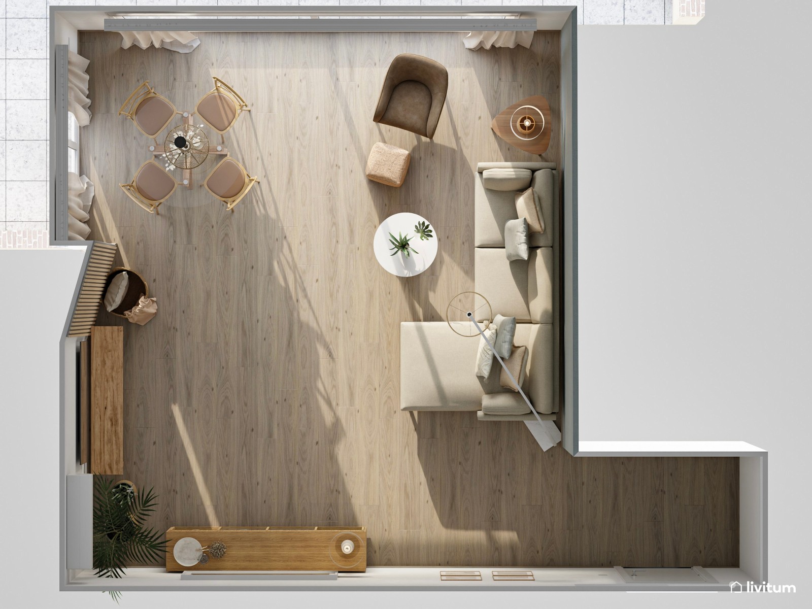 Salón comedor en verde + madera con detalles de fibras naturales