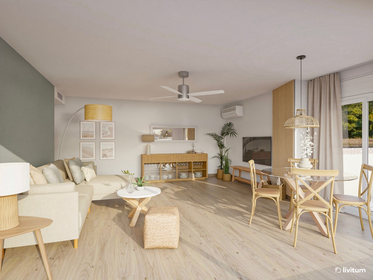 Salón comedor en verde + madera con detalles de fibras naturales
