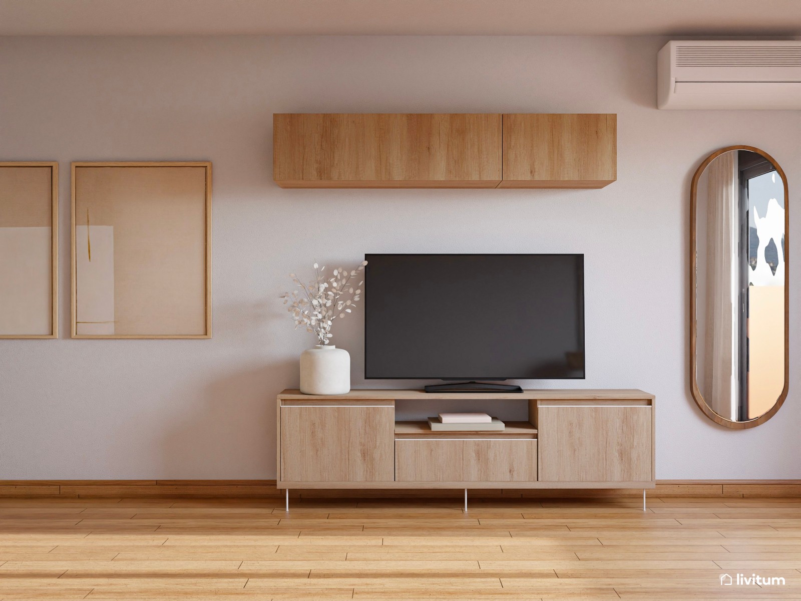 Salón comedor estrecho y alargado de 20 m² de estilo nórdico con detalles en verde