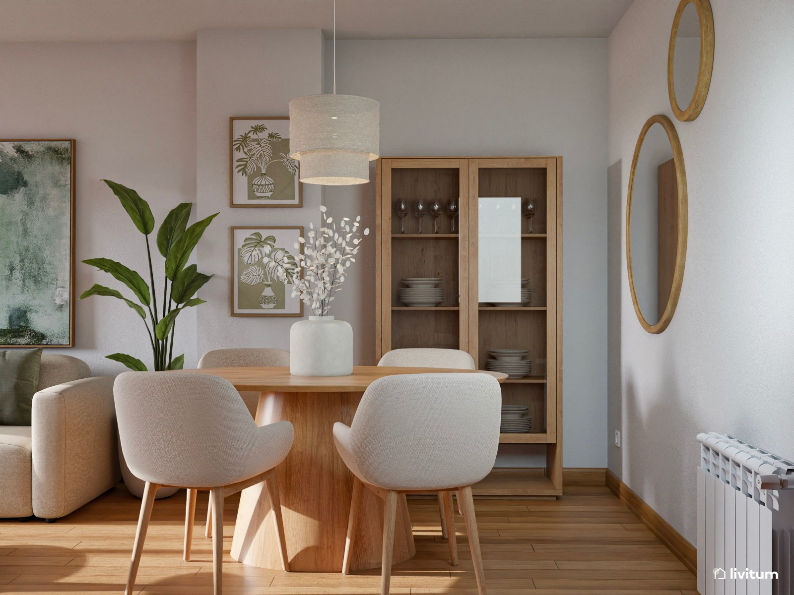 Salón comedor estrecho y alargado de 20 m² de estilo nórdico con detalles en verde