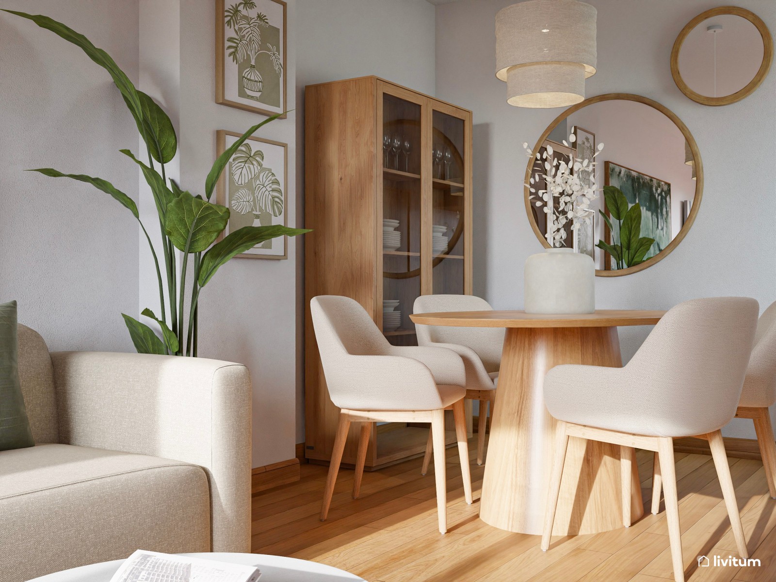 Salón comedor estrecho y alargado de 20 m² de estilo nórdico con detalles en verde