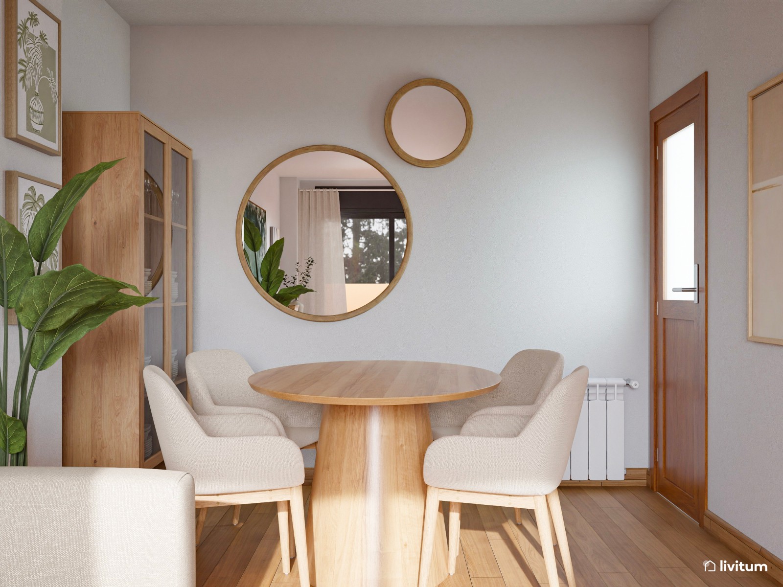 Salón comedor estrecho y alargado de 20 m² de estilo nórdico con detalles en verde