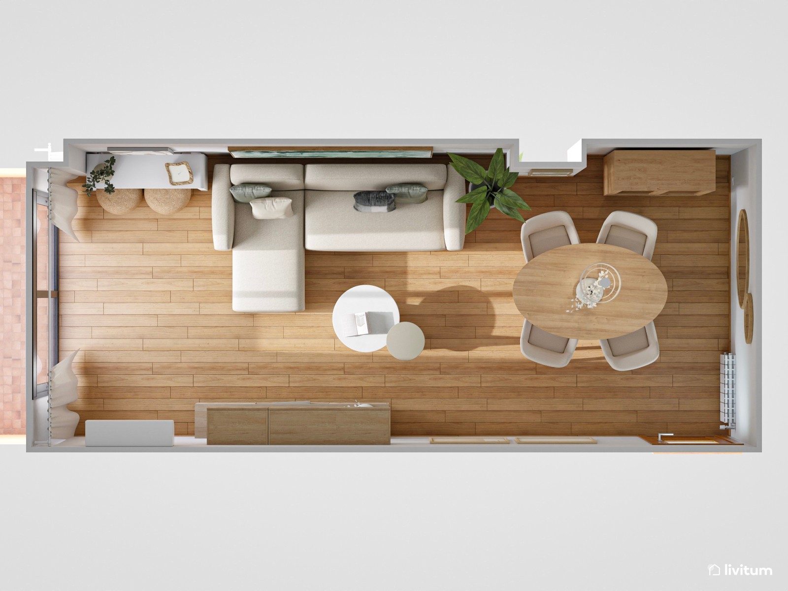 Salón comedor estrecho y alargado de 20 m² de estilo nórdico con detalles en verde