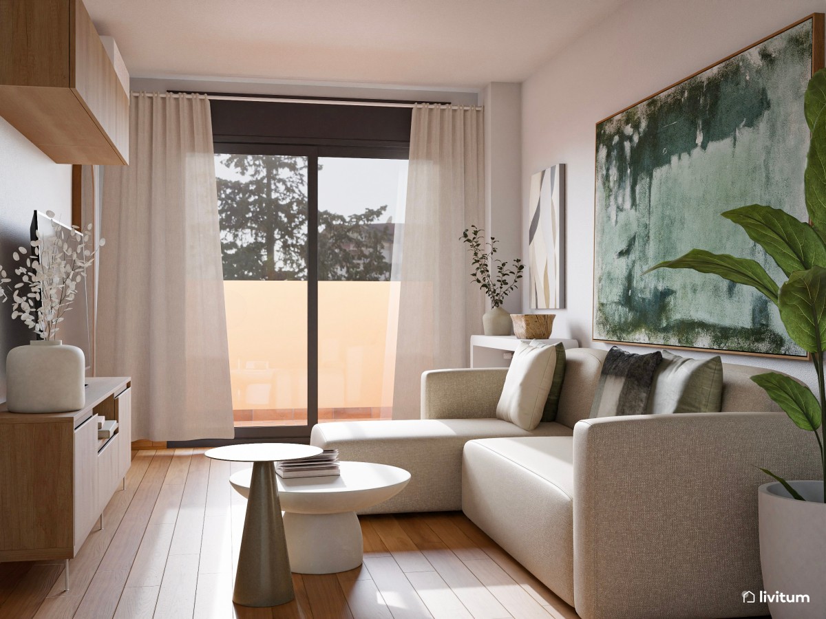 Salón comedor estrecho y alargado de 20 m² de estilo nórdico con detalles en verde