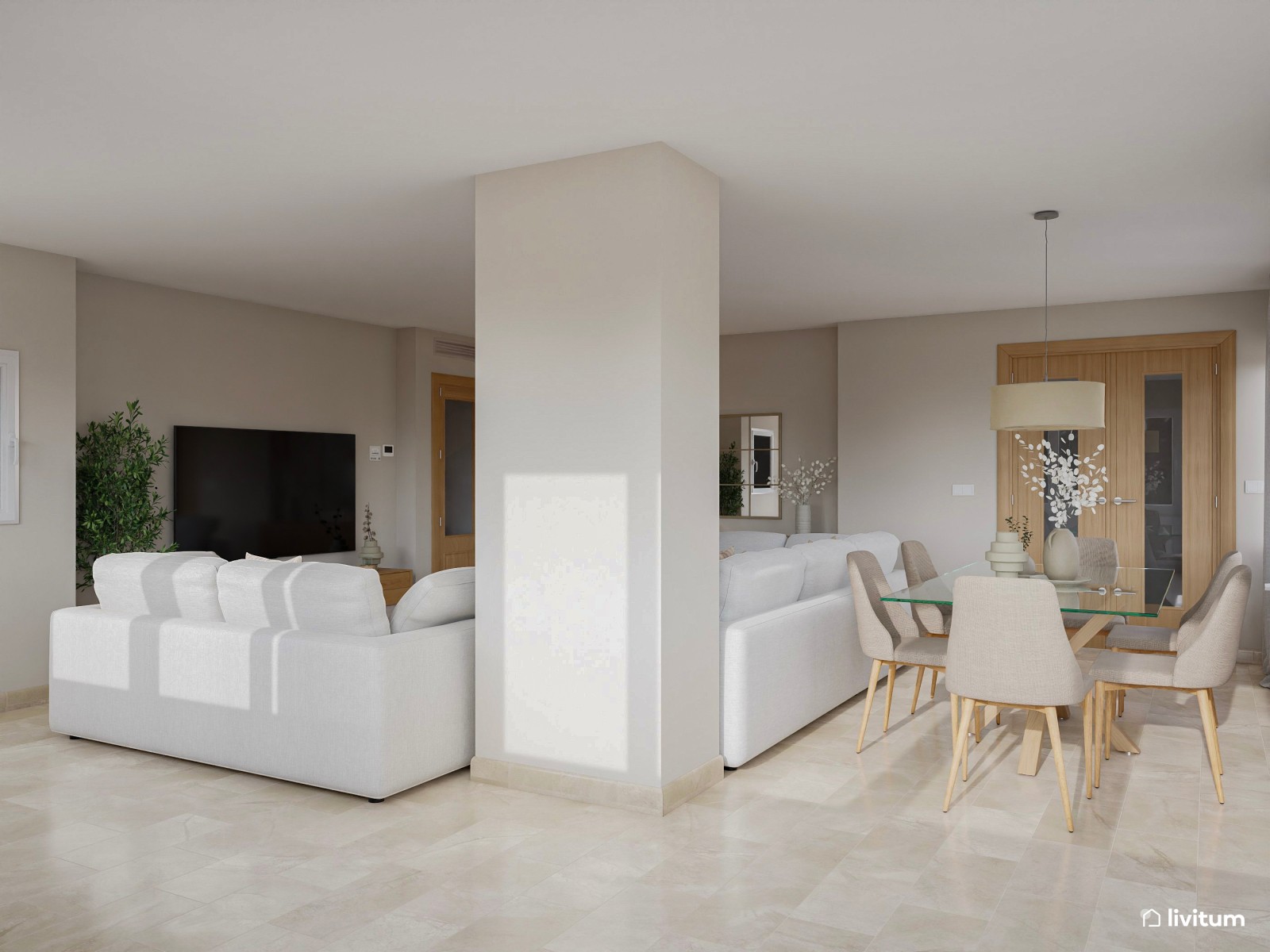Salón comedor grande con luz natural, muebles de madera y textiles claros