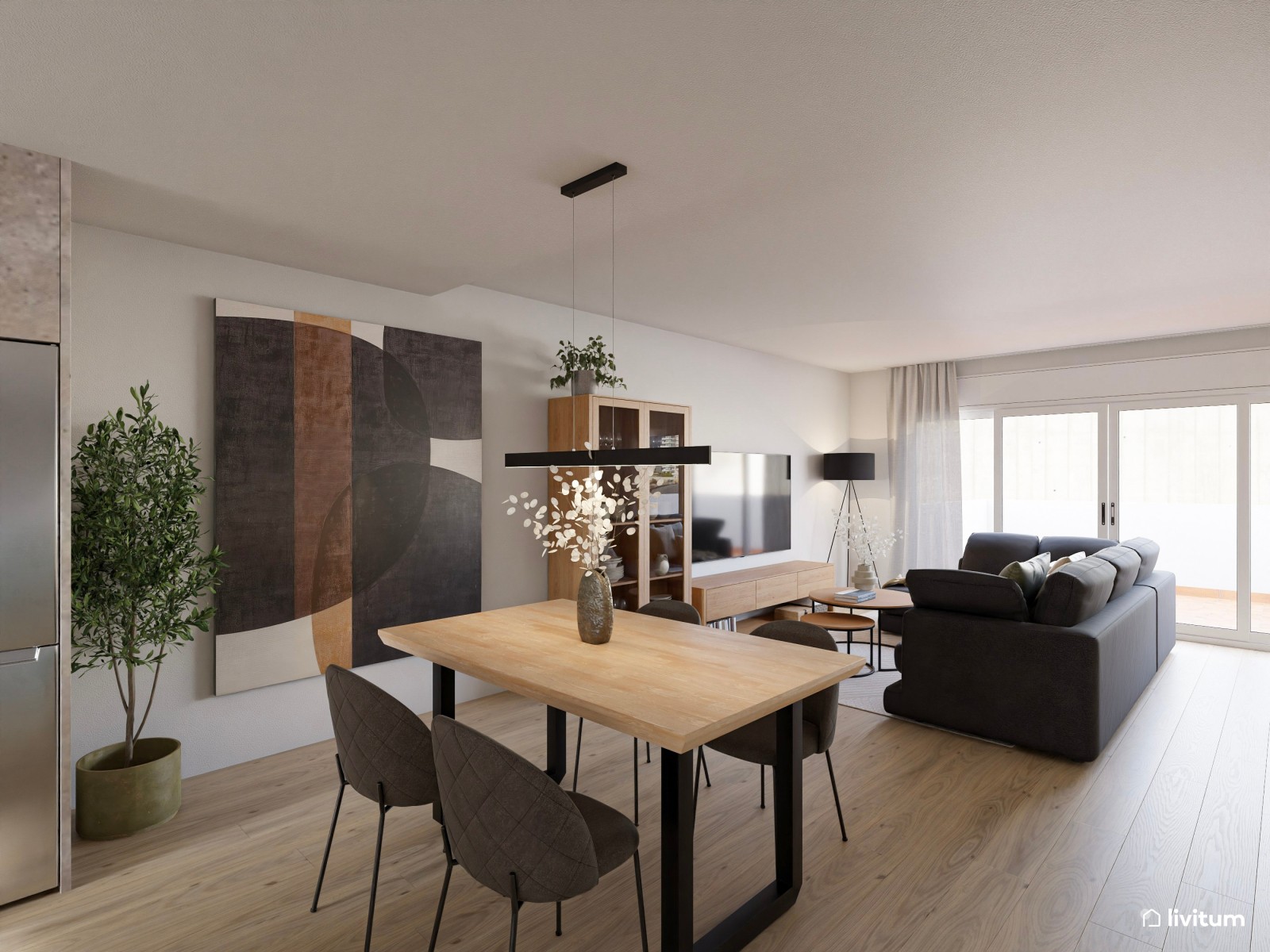  Salón comedor grande con toques industriales y sofá gris 