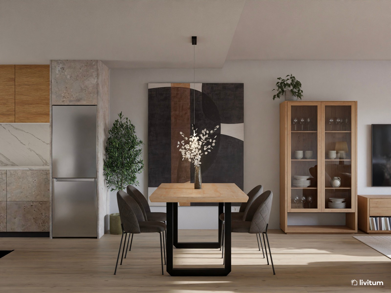  Salón comedor grande con toques industriales y sofá gris 