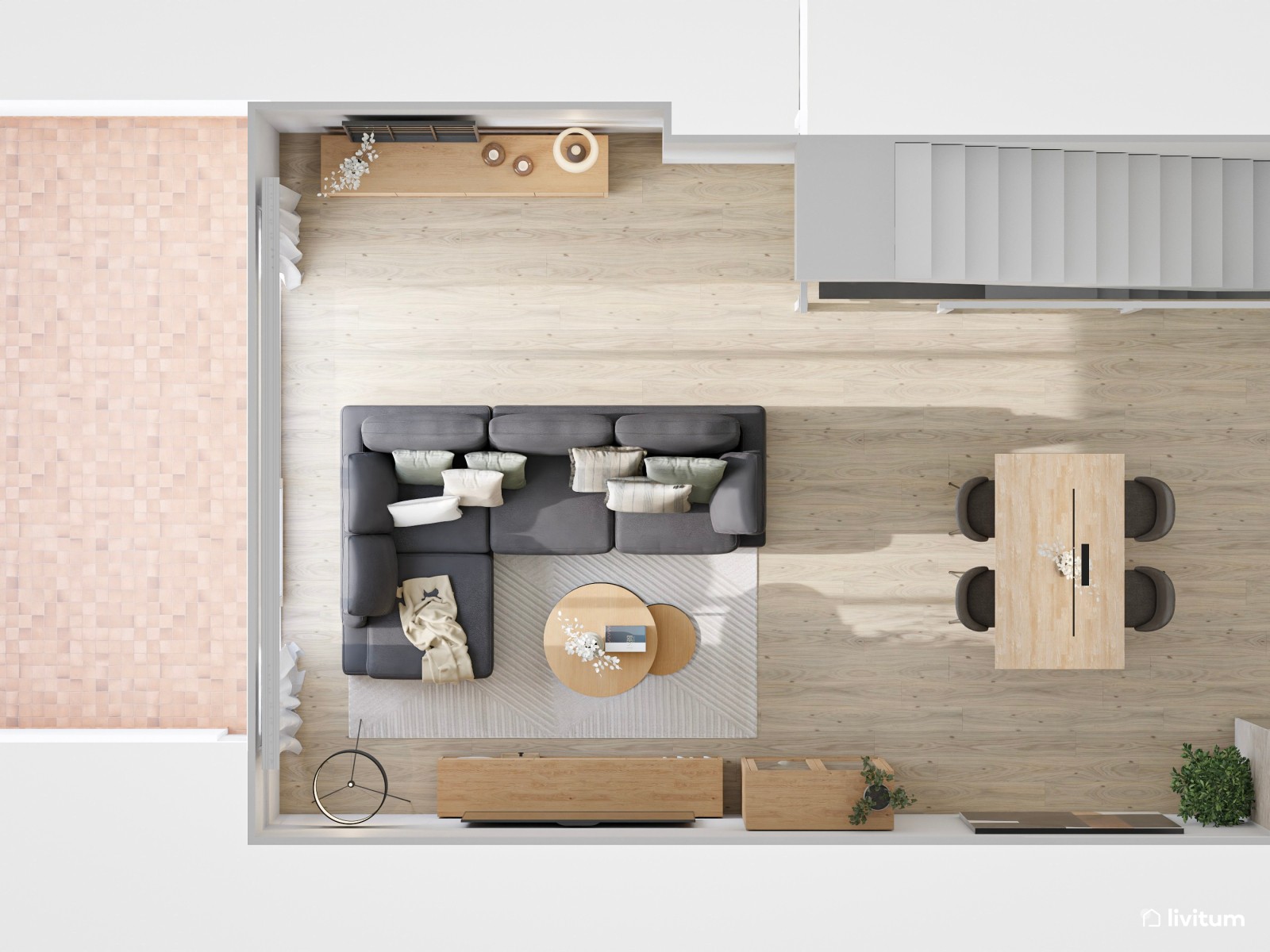  Salón comedor grande con toques industriales y sofá gris 