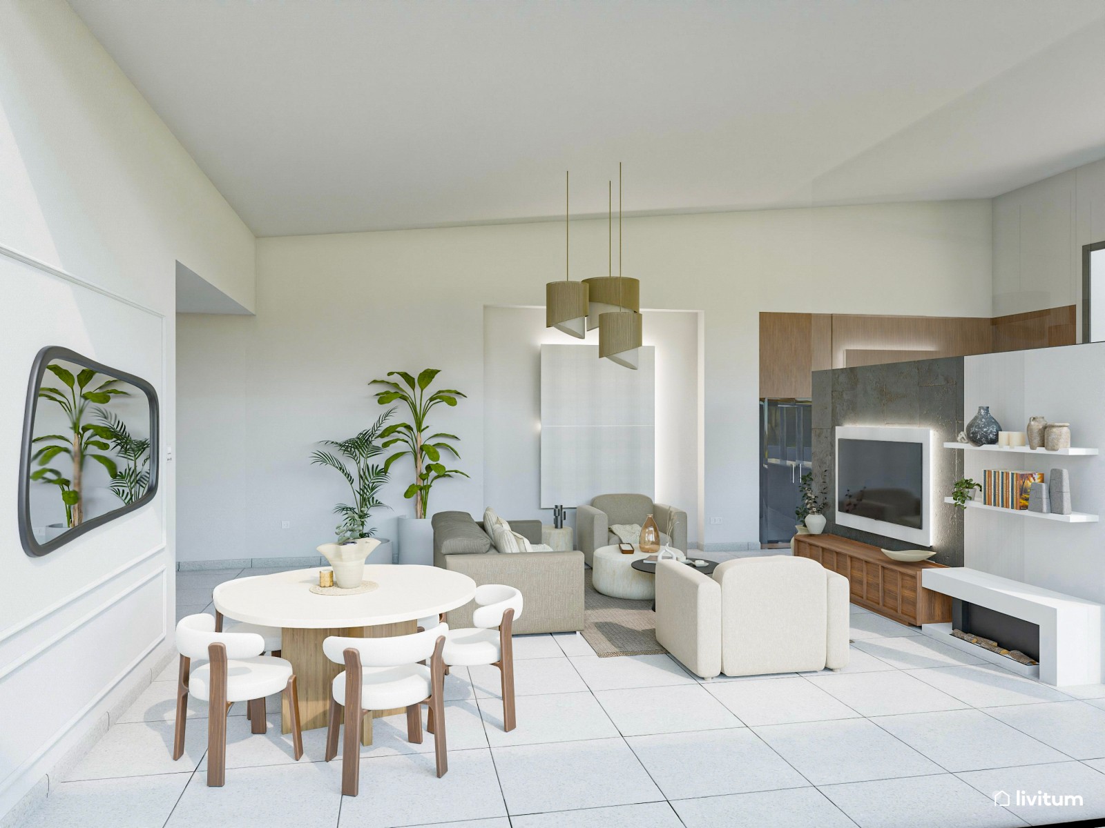 Salón comedor grande de estilo minimalista con contrastes oscuros 