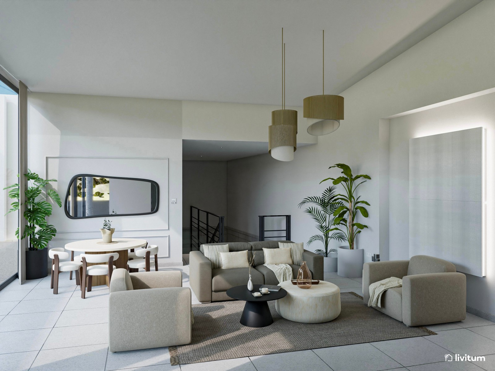 Salón comedor grande de estilo minimalista con contrastes oscuros 