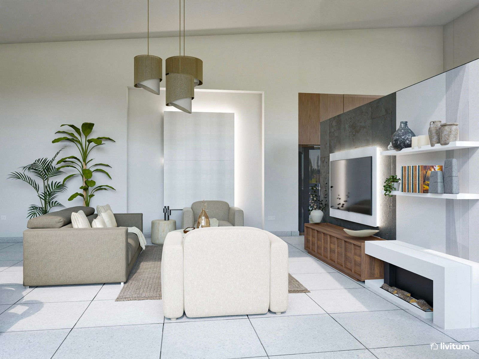 Salón comedor grande de estilo minimalista con contrastes oscuros 