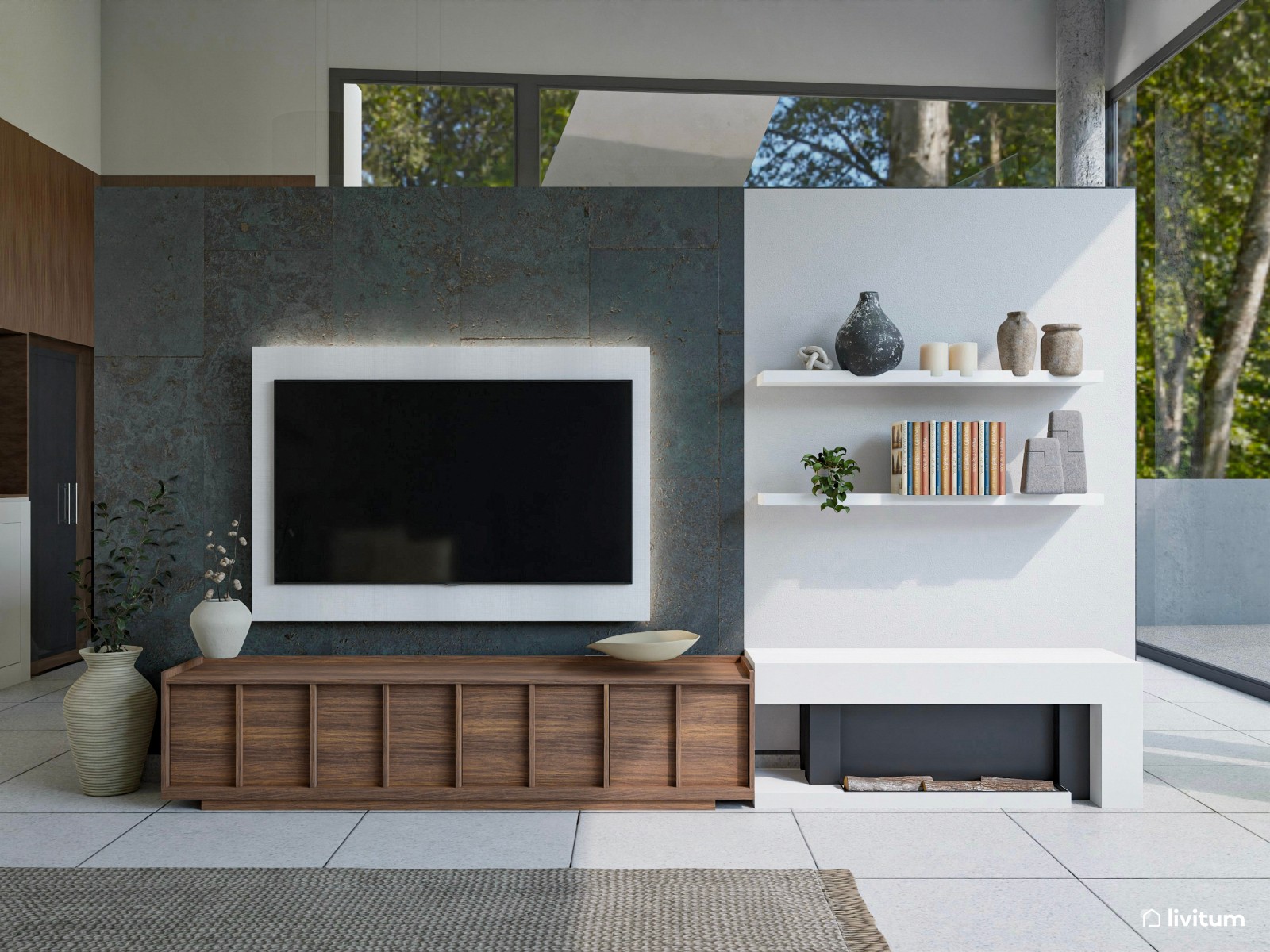 Salón comedor grande de estilo minimalista con contrastes oscuros 