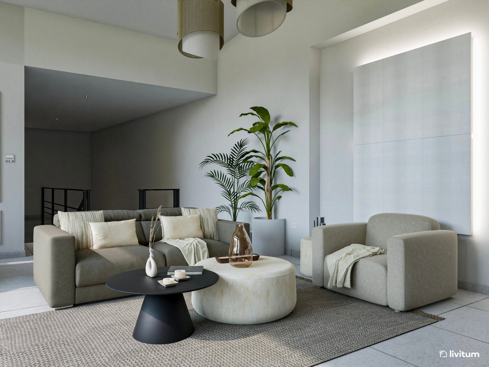 Salón comedor grande de estilo minimalista con contrastes oscuros 