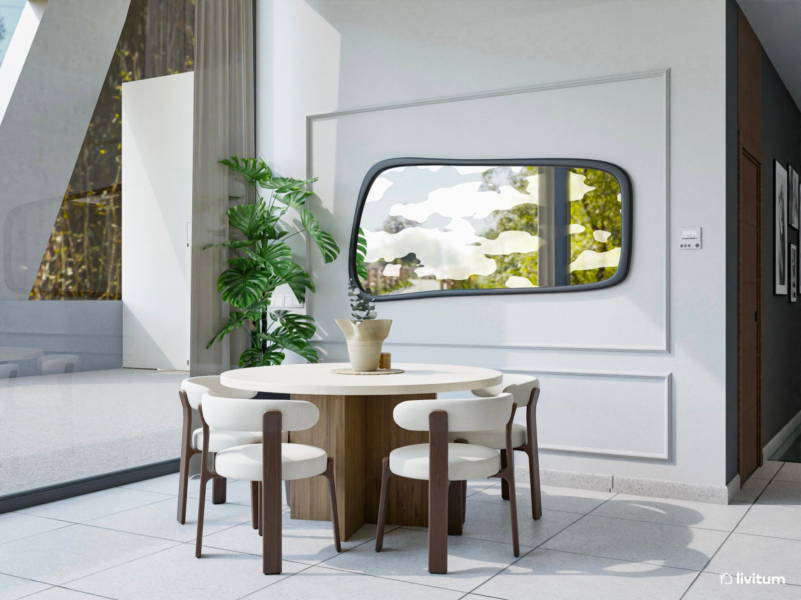 Salón comedor grande de estilo minimalista con contrastes oscuros 