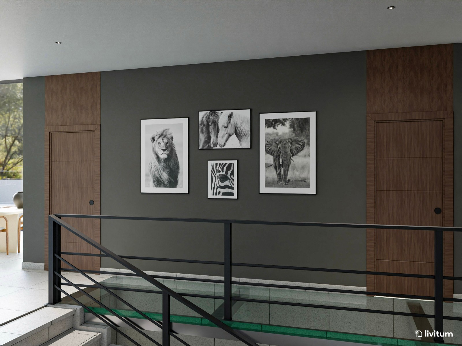 Salón comedor grande de estilo minimalista con contrastes oscuros 