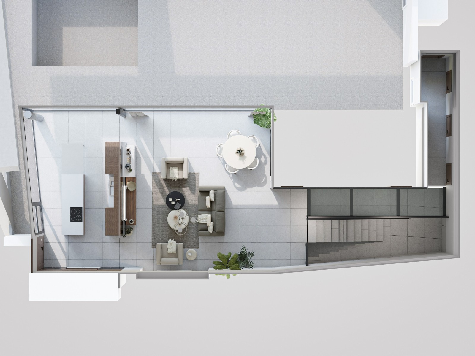 Salón comedor grande de estilo minimalista con contrastes oscuros 