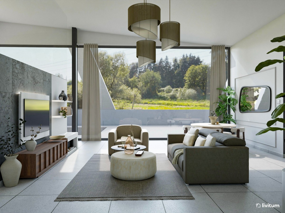 Salón comedor grande de estilo minimalista con contrastes oscuros