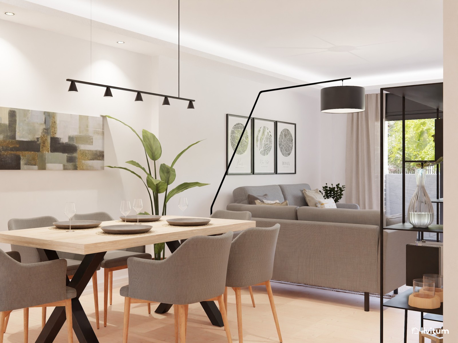 Salón-comedor industrial y moderno 