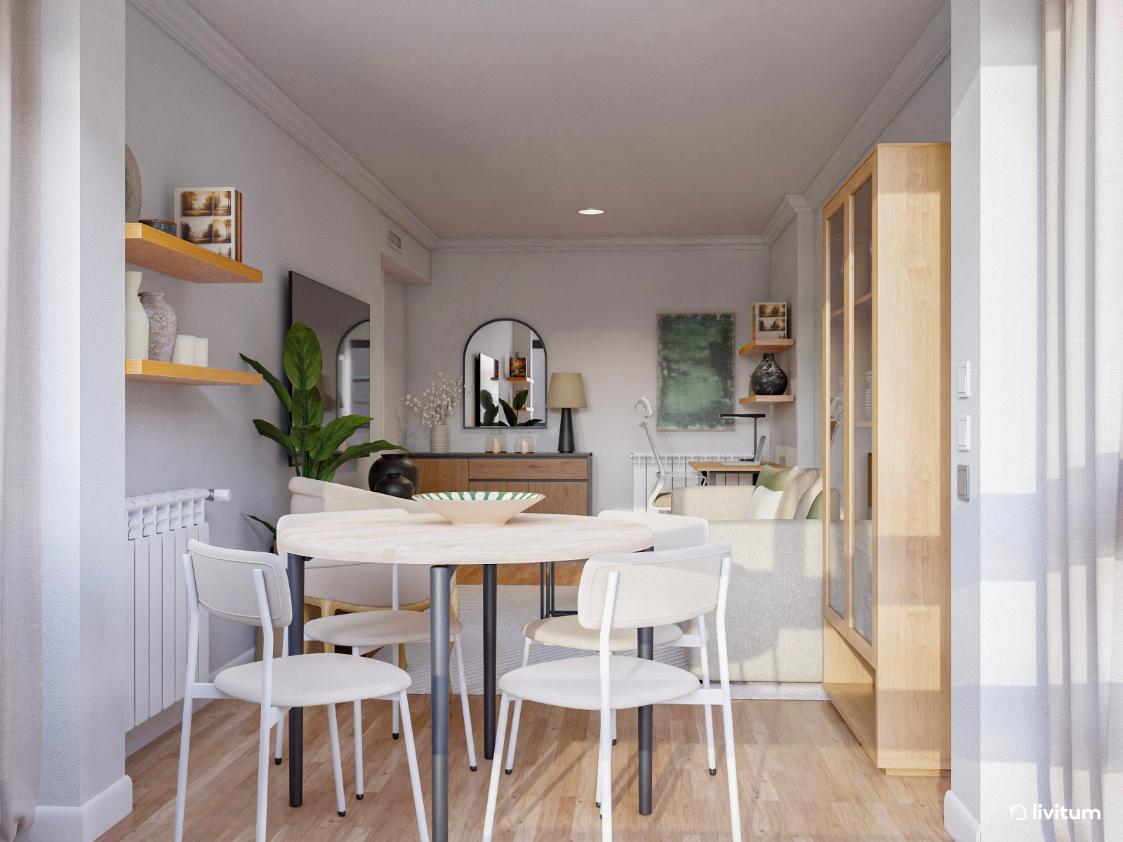 Salón comedor largo y estrecho con zona de escritorio