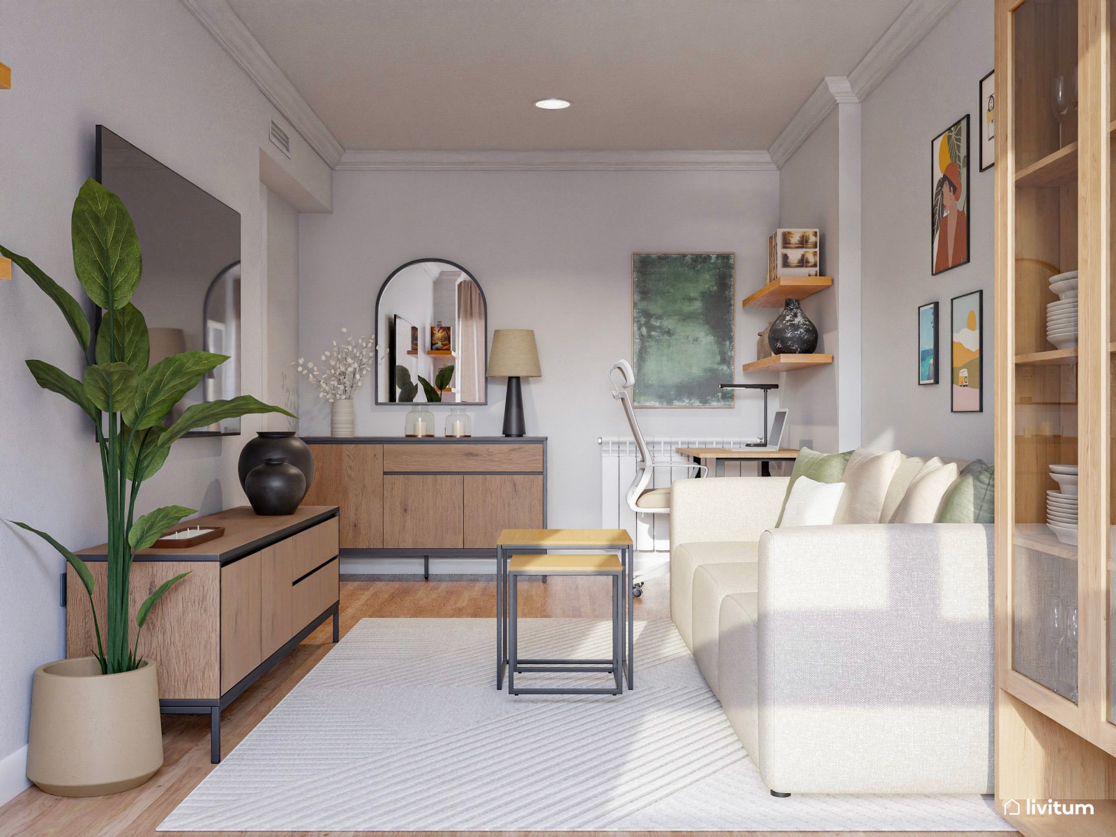 Salón comedor largo y estrecho con zona de escritorio