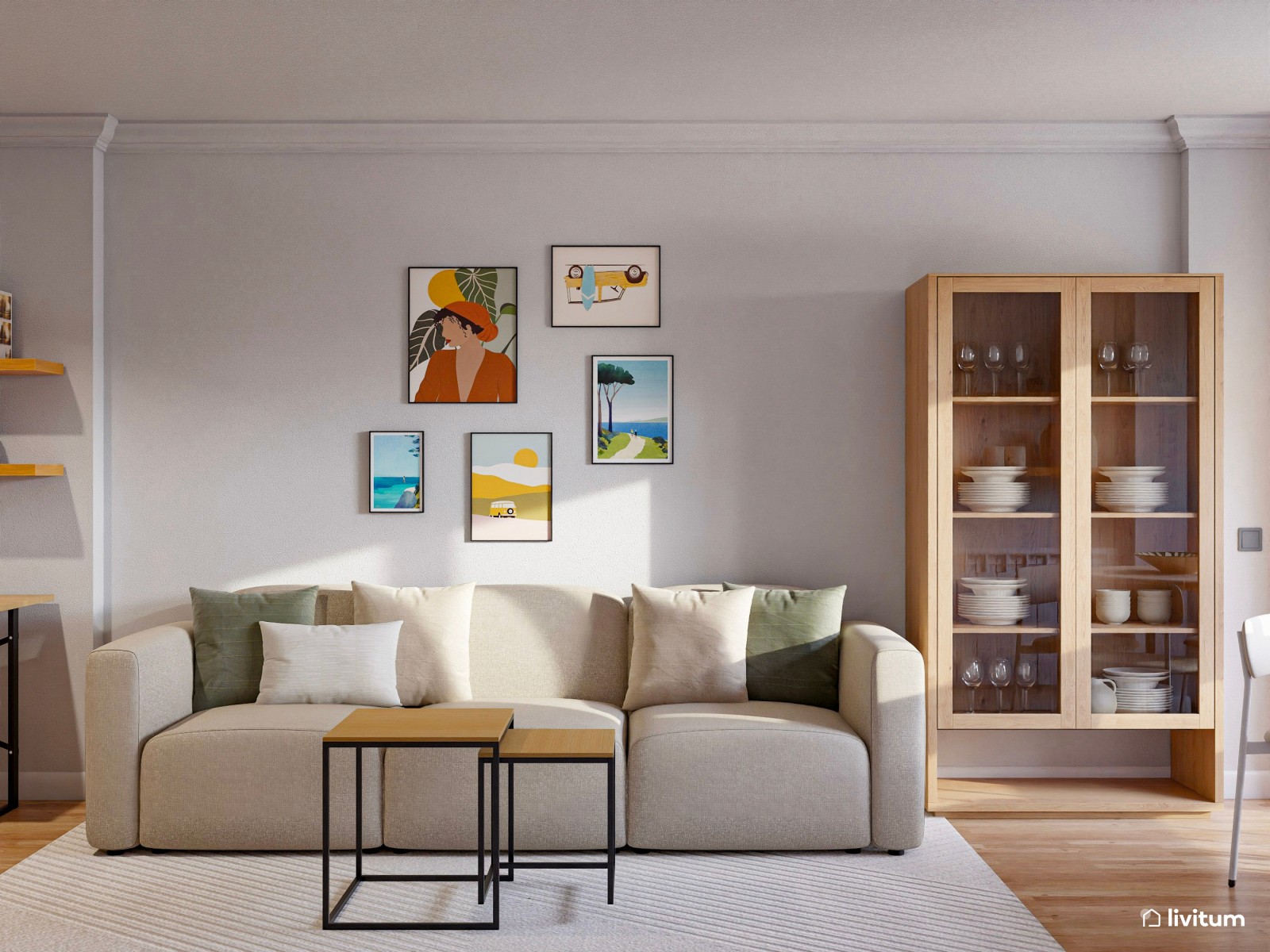 Salón comedor largo y estrecho con zona de escritorio