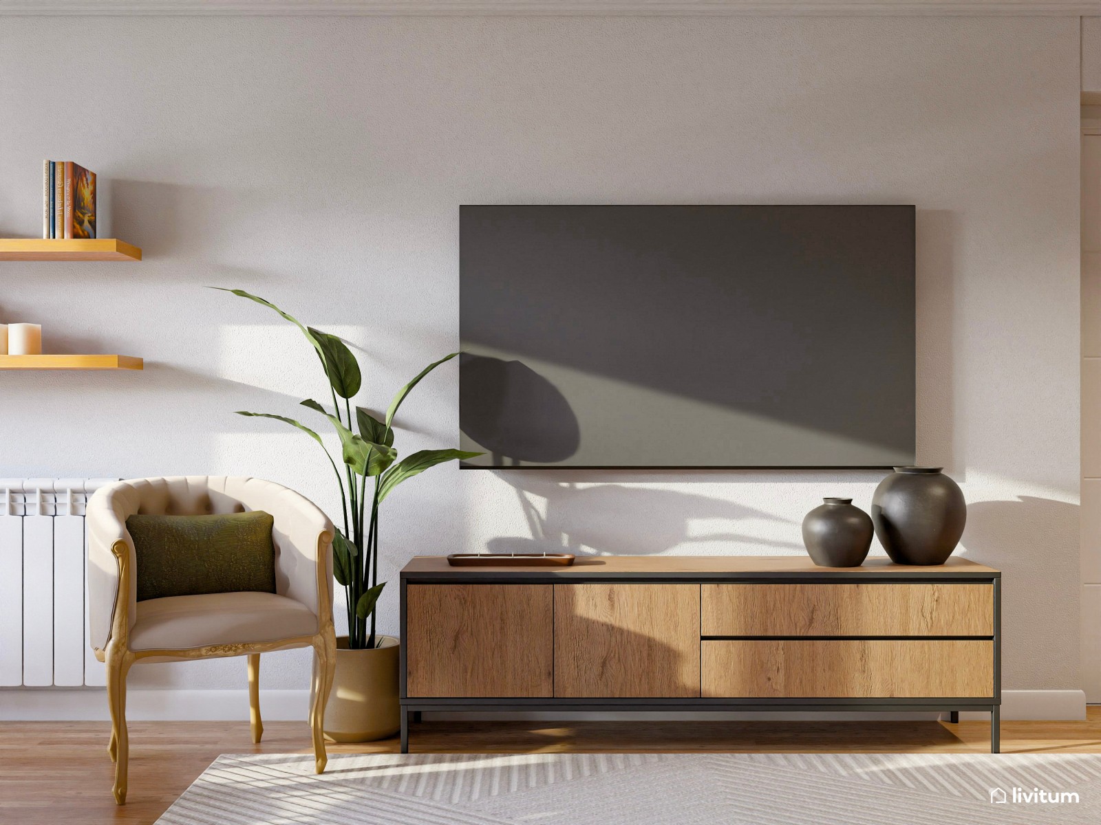 Salón comedor largo y estrecho con zona de escritorio